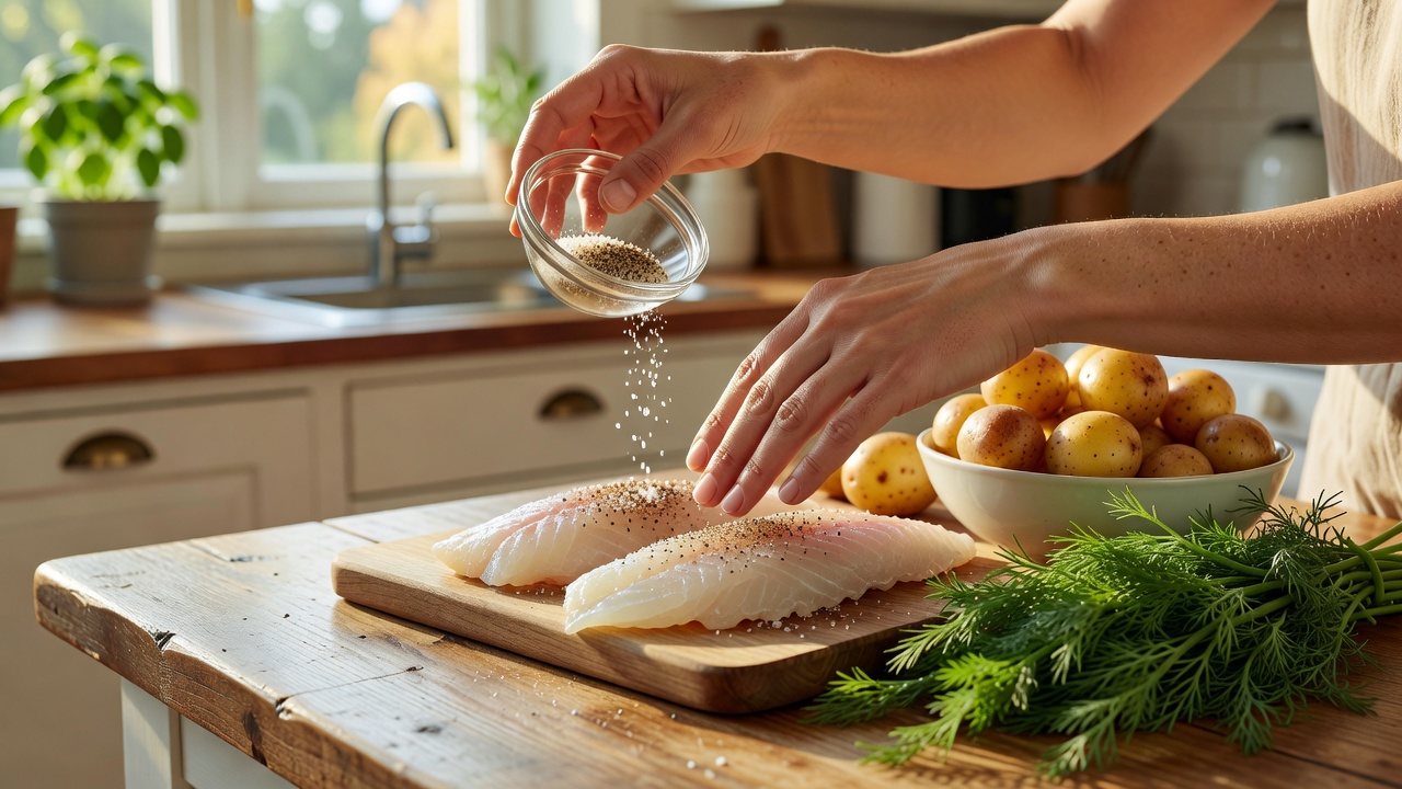 Hands seasoning white fish fillets beside potatoes and fresh dill in a bright home kitchen