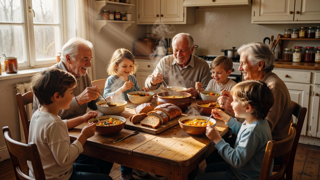 A household sharing bowls of soup and rye bread around a sunlit kitchen table