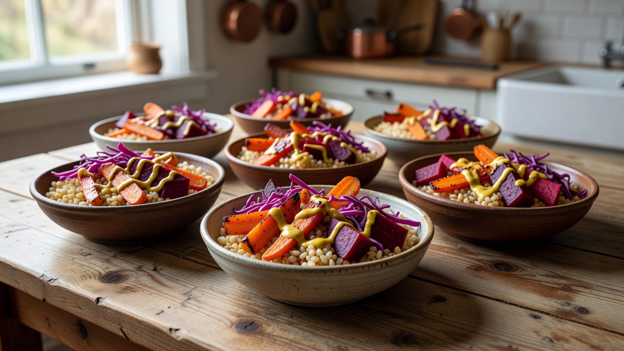 Barley bowls with roasted carrots, beetroot, cabbage and mustard dressing on a kitchen table