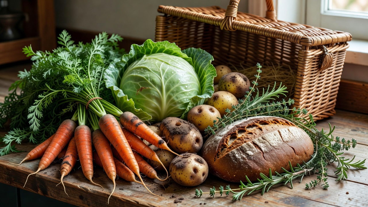 Carrots, cabbage, potatoes, rye bread and herbs unpacked from a market basket on a kitchen counter
