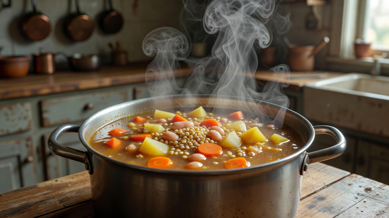 A steaming pot of barley soup with carrots, potatoes and white beans in a home kitchen